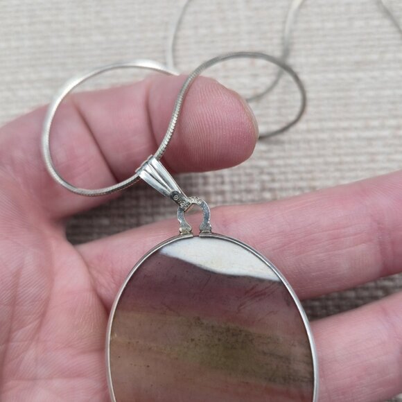 18 Inch Sterling Silver Large Banded Agate Stone Necklace B847 - Picture 4 of 7